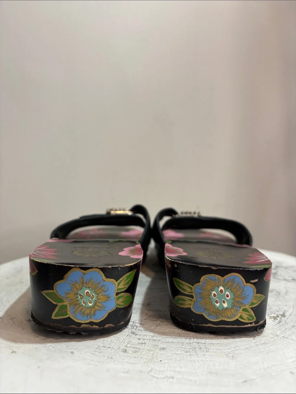 Vintage Floral Wooden Platform Slide Sandals Rhinestone Rivet Leather Hand Paint